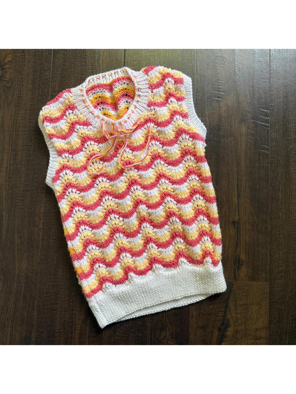Vintage 90s 80s Handknit Orange Pink Stripped Sweater Vest Bow S-M Grandma